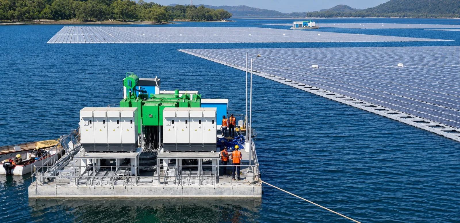A large-scale floating solar array spanning a wide reservoir surface