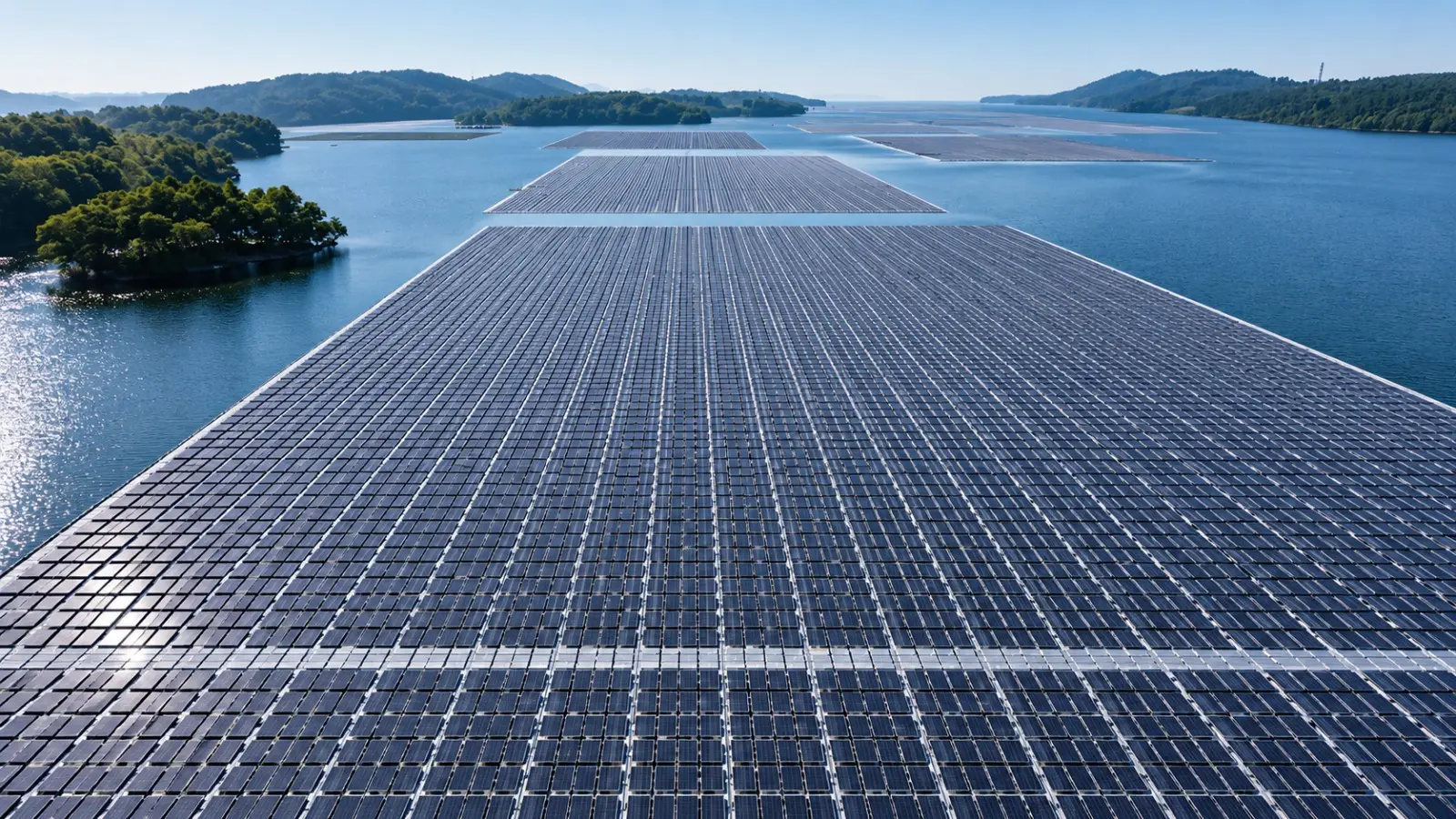 A floating solar power plant under deployment on a reservoir