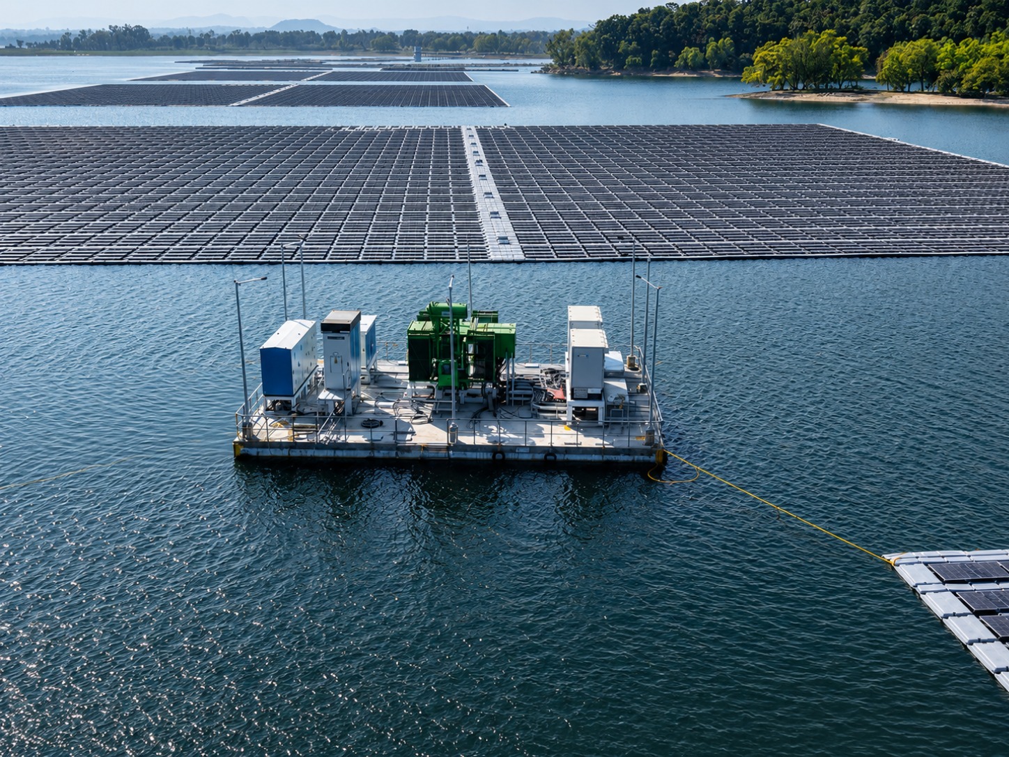 Floating solar array on a reservoir, illustrating how panel shading affects dissolved oxygen and water quality