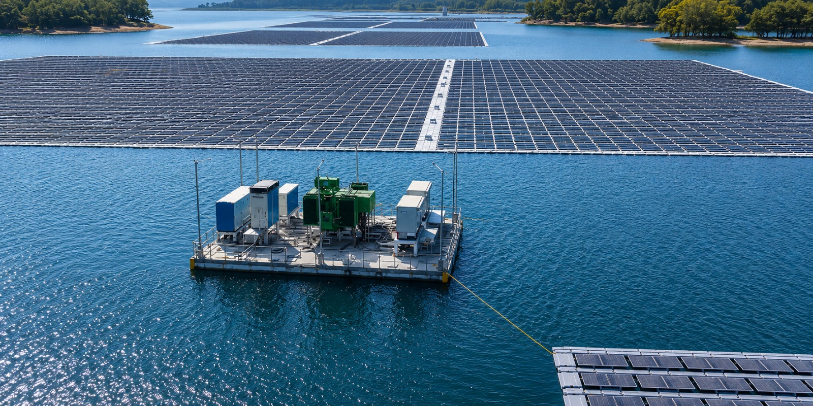 Floating solar array on an industrial water body such as an ash pond or cooling pond at a power plant